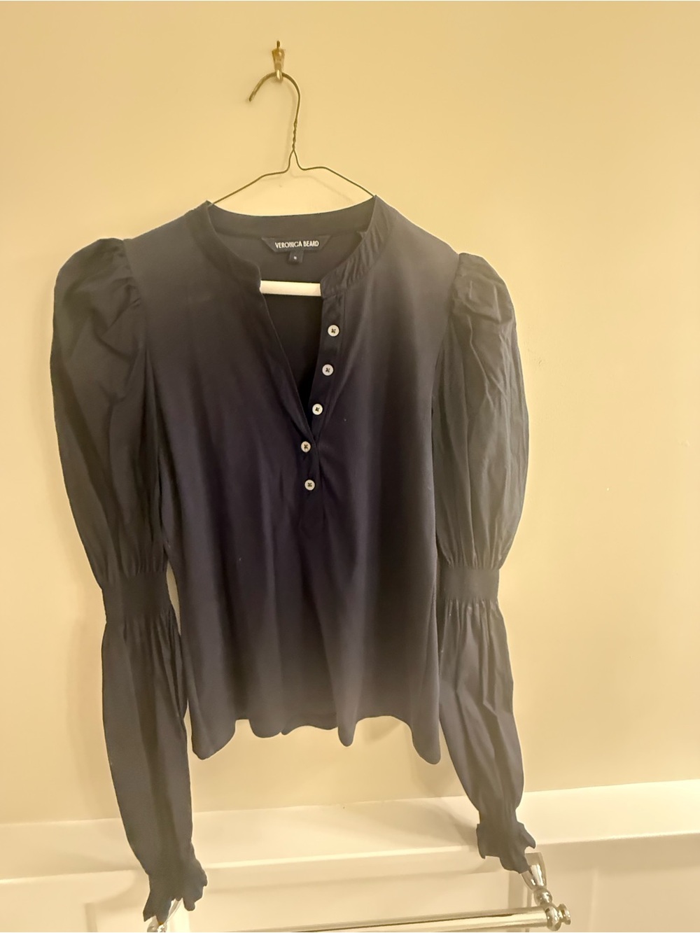 Veronica Beard Navy Puff-Sleeve Henley Blouse
